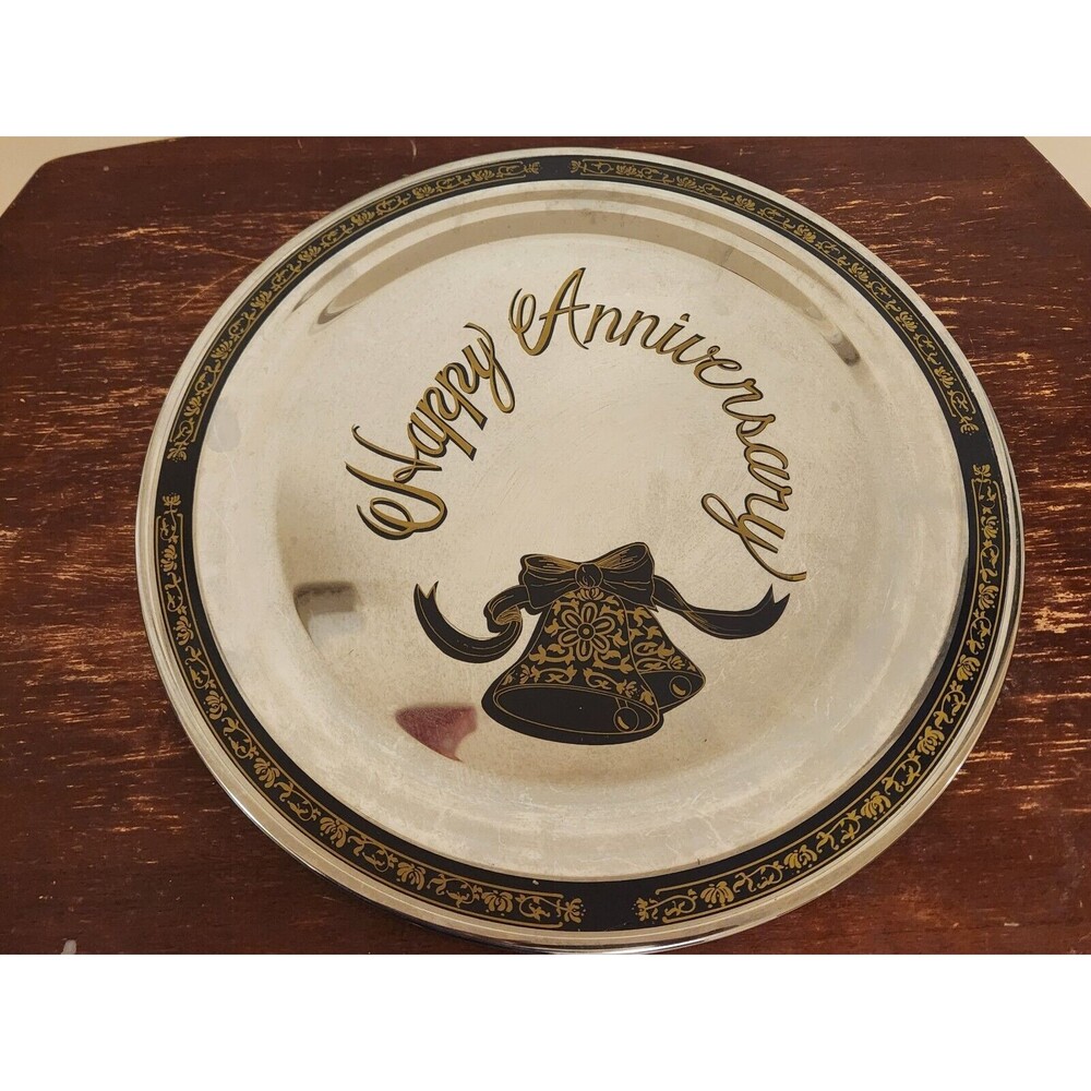 Kromex 14" Vintage Happy Anniversary Round Serving Tray Platter (Made In USA)